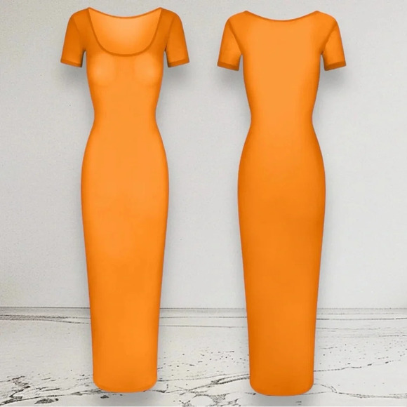 RARE NWT KHY BY KYLIE JENNER Mesh Scoop Neck Maxi Dress Orange Size S - Picture 9 of 10